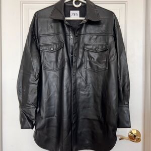 Zara Black Faux Leather Over Shirt Jacket